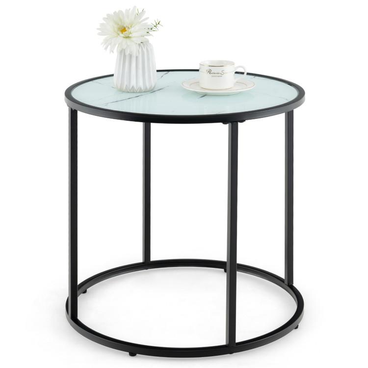 Coffee Tables |  20 Inch Glass End Table with Metal Frame and Faux Marble Glass Top Black & White Coffee Tables Black & White