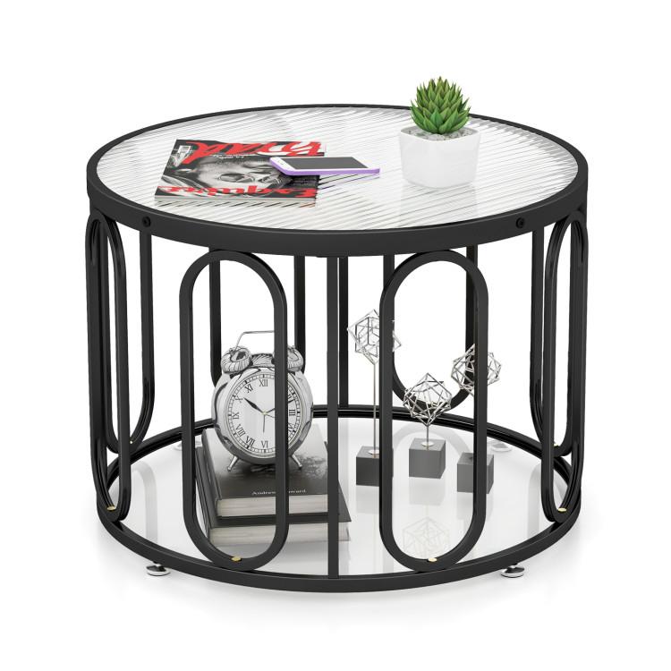 Coffee Tables |  24 Inch Round Coffee Table with Reeded Tempered Glass Top and Oval Swivel Brackets Black Coffee Tables Black