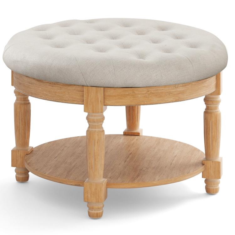 Coffee Tables |  29 Inch Large Round Ottoman Coffee Table 2-Tier Upholstered Tufted Footrest Ottoman with Flip-up Top Beige Coffee Tables Beige