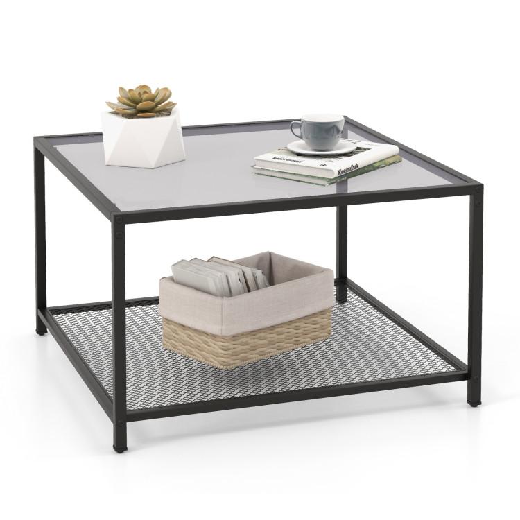 Coffee Tables |  Modern 2-Tier Square Glass Coffee Table with Mesh Shelf Gray Coffee Tables Coffee Tables