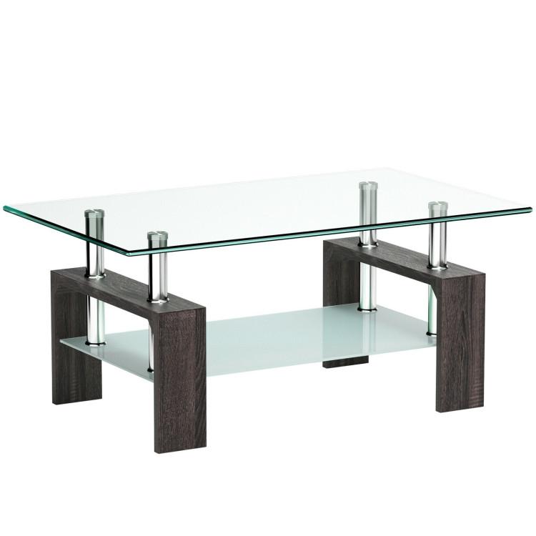 Coffee Tables |  Rectangular Tempered Glass Coffee Table End Side Table with Shelf Black Coffee Tables Black