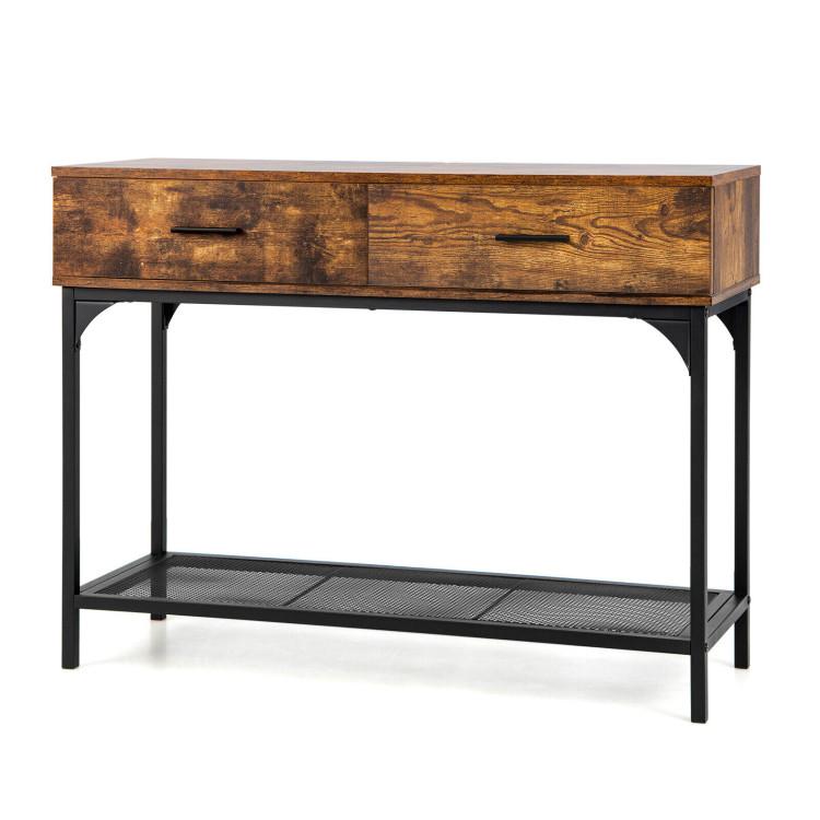 Console Tables |  2 Drawers Console Table with Metal Frame for Living Room Rustic Brown Console Tables Console Tables