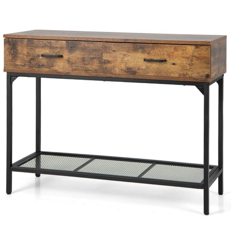 Console Tables |  2 Drawers Industrial Console Table with Steel Frame for Small Space Rustic Brown Console Tables Console Tables