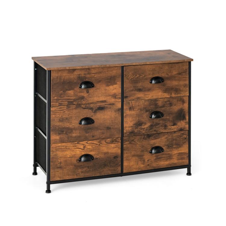 Dressers & Chests |  6 Fabric Drawers Storage Chest with Wooden Top Rustic Brown Bedroom Dressers & Chests