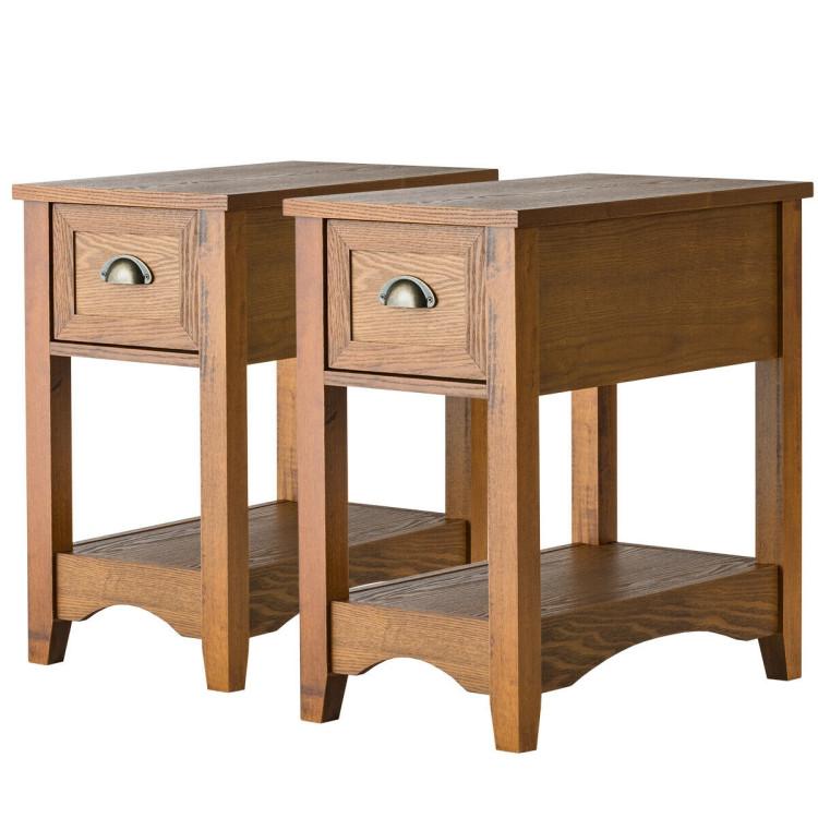 End & Side Tables |  2 Pieces Retro Narrow Tiered End Table with Drawer and Storing Shelf Natural End & Side Tables End & Side Tables