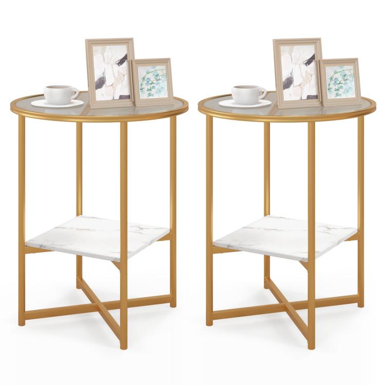 End & Side Tables |  2-Tier Glass End Table Set of 2 with Faux Marble Storage Shelf White End & Side Tables End & Side Tables