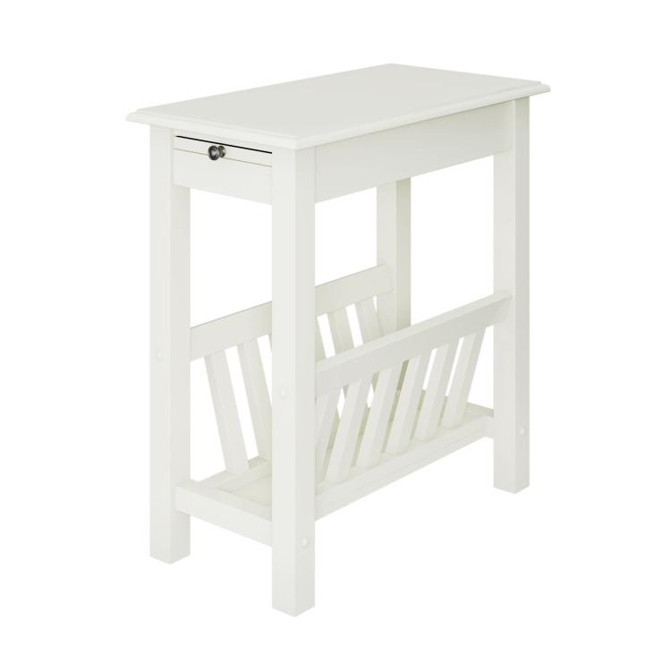 End & Side Tables |  2-Tier Narrow End Table with Pull-out Tray and Solid Rubber Wood Legs White End & Side Tables End & Side Tables