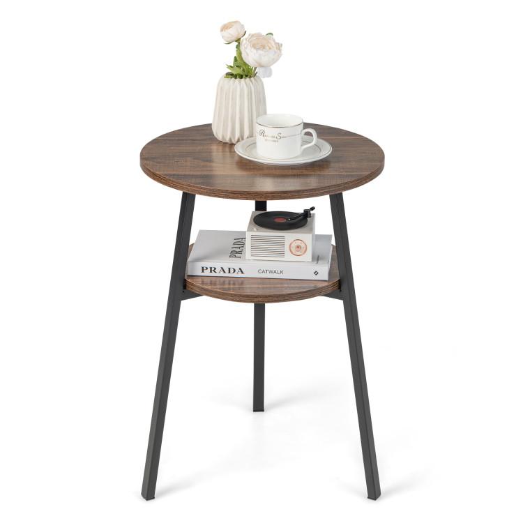 End & Side Tables |  2-Tier Round End Table with Open Shelf and Triangular Metal Frame Brown End & Side Tables Brown