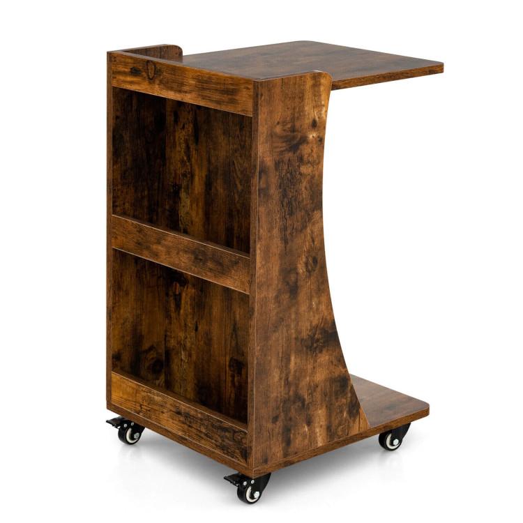 End & Side Tables |  C-shaped Rolling End Side with Back Storage Shelves beside Sofa Rustic Brown End & Side Tables End & Side Tables