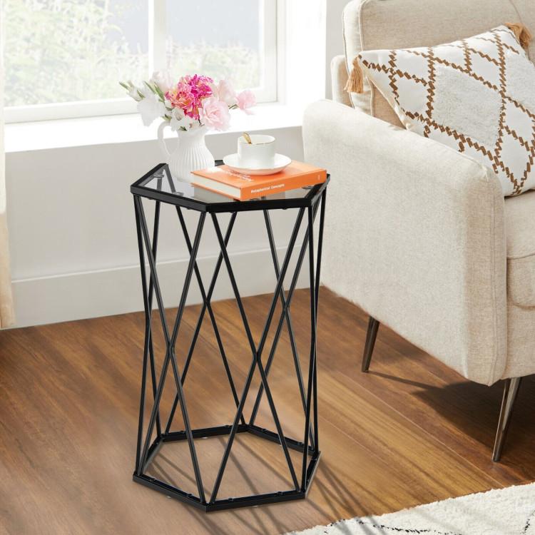 End & Side Tables |  Hexagonal Accent End Table with Tempered Glass Top and Metal Frame Black End & Side Tables Black