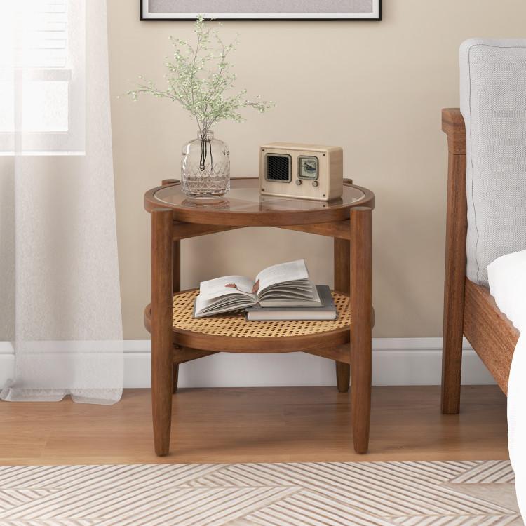 End & Side Tables |  Rattan Round Side End Table with Tempered Glass Tabletop Brown End & Side Tables Brown