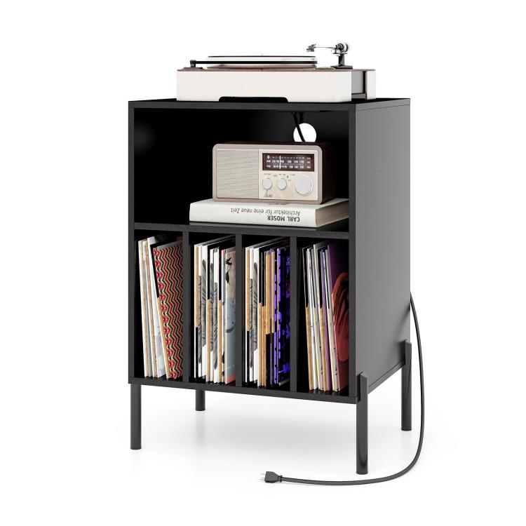 End & Side Tables |  Record Player Stand with Record Storage Shelf and Charging Station Black End & Side Tables Black