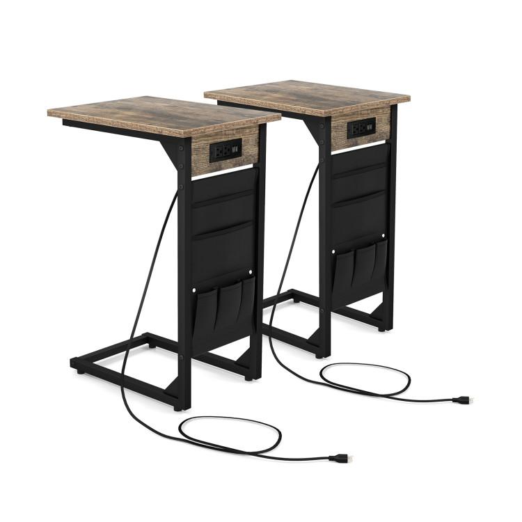 End & Side Tables |  Set of 2 C Shaped End Table with Charging Station Rustic Brown End & Side Tables End & Side Tables