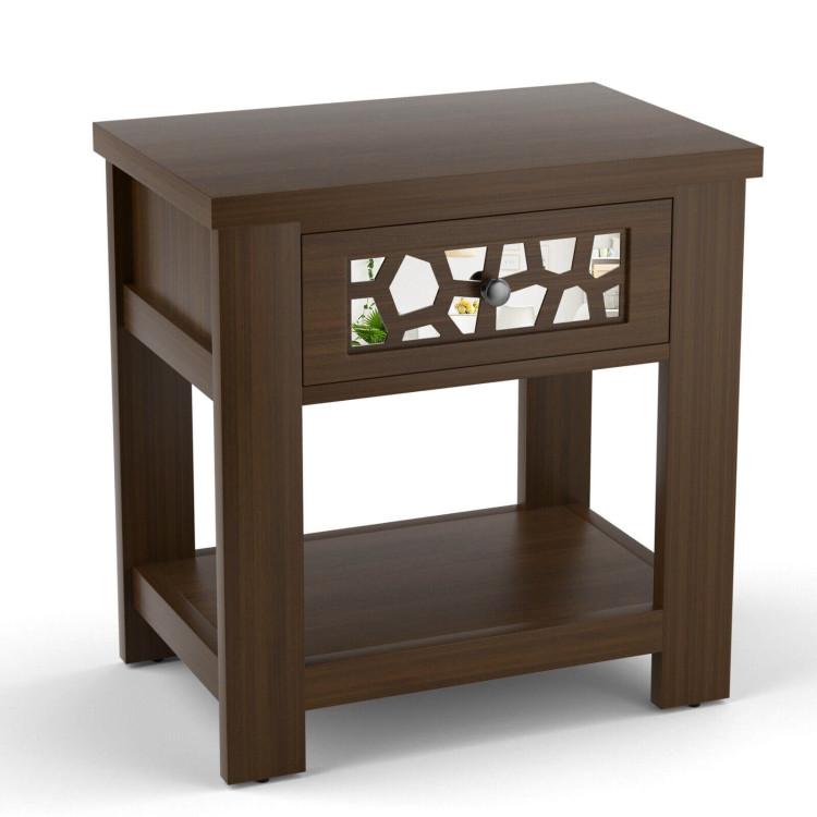 End & Side Tables |  Wood Retro End Table with Mirrored Glass Drawer and Open Storage Shelf Brown End & Side Tables Brown