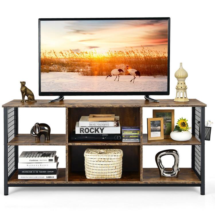 Entertainment Centers & TV Stands |  Mid-Century Wooden TV Stand with Storage Basket for TVs up to 65 Inch Rustic Brown Entertainment Centers & TV Stands Entertainment Centers & TV Stands