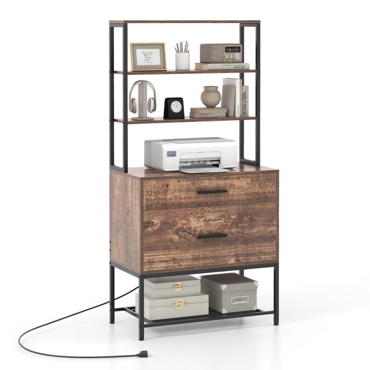 File Cabinets |  Freestanding File Cabinet with Charging Station and 3-Tier Open Shelves Rustic Brown File Cabinets File Cabinets