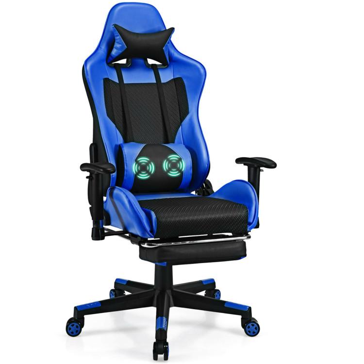 Gaming Chairs |  PU Leather Gaming Chair with USB Massage Lumbar Pillow and Footrest Blue Gaming Chairs Blue