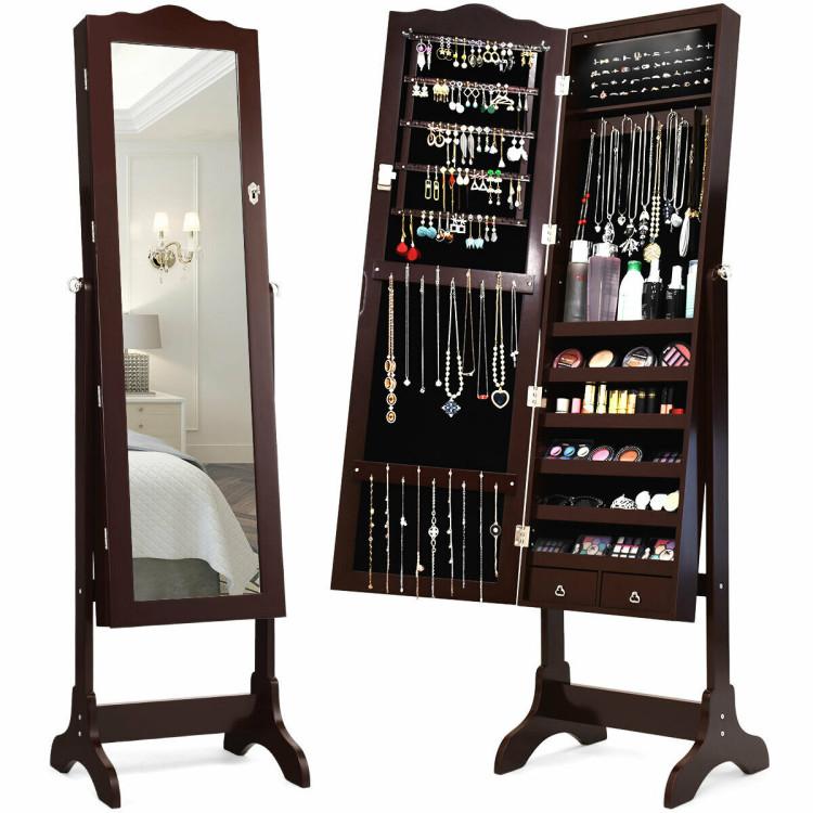 Jewelry Armoires |  14 LED Jewelry Armoire Cabinet with Full Length Mirror and 4 Tilting Angles Coffee Bedroom Coffee