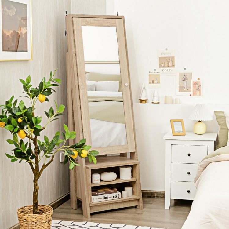 Jewelry Armoires |  2-in-1 Wooden Cosmetics Storage Cabinet with Full-Length Mirror and Bottom Rack Natural Bedroom Jewelry Armoires