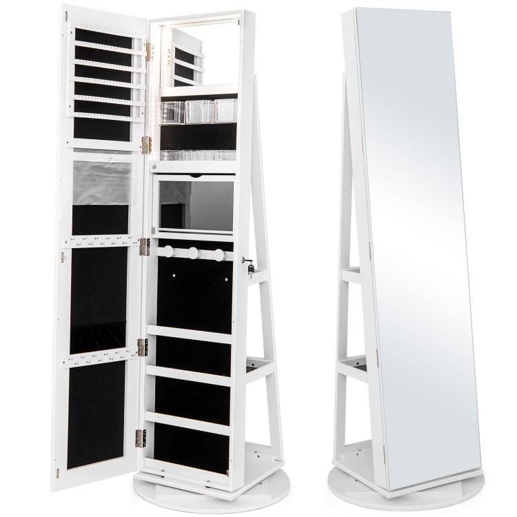 Jewelry Armoires |  360° Rotating Mirrored Jewelry Cabinet Armoire 3 Color LED Modes Lockable White Bedroom Jewelry Armoires