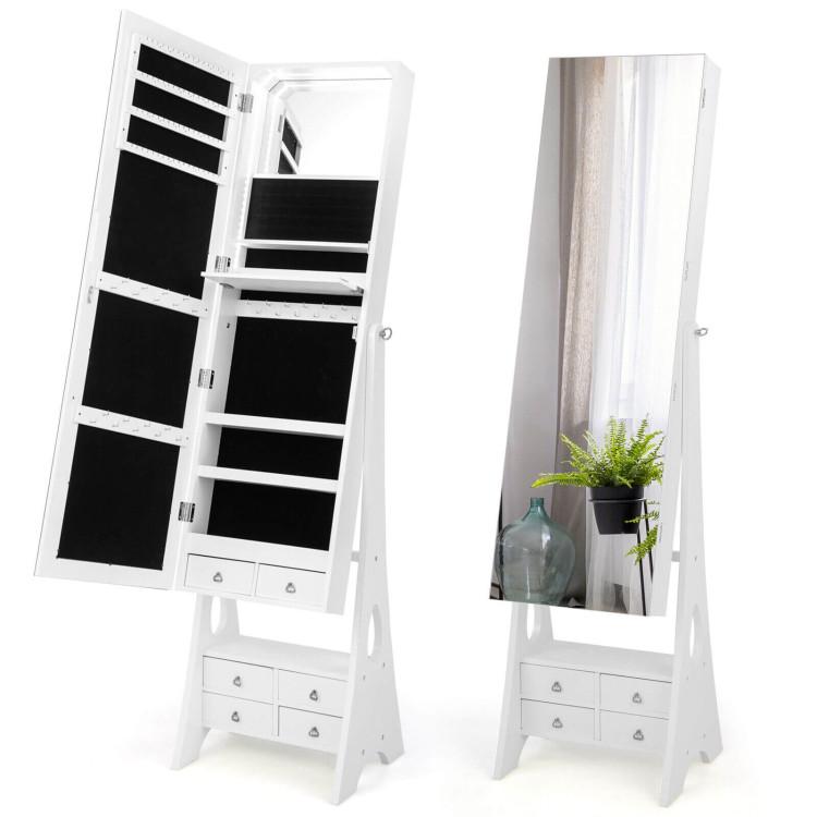 Jewelry Armoires |  Freestanding Full Length LED Mirrored Jewelry Armoire with 6 Drawers White Bedroom Jewelry Armoires