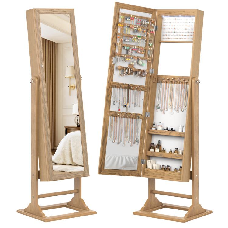 Jewelry Armoires |  Freestanding Lockable Jewelry Armoire with Full-Length Mirror and 6 LED Lights Natural Bedroom Jewelry Armoires