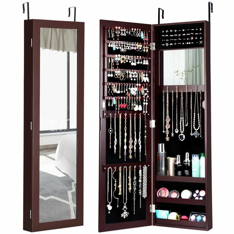 Jewelry Armoires |  Full Length Mirror Jewelry Cabinet with Ring Slots and Necklace Hooks Dark Brown Bedroom Dark Brown