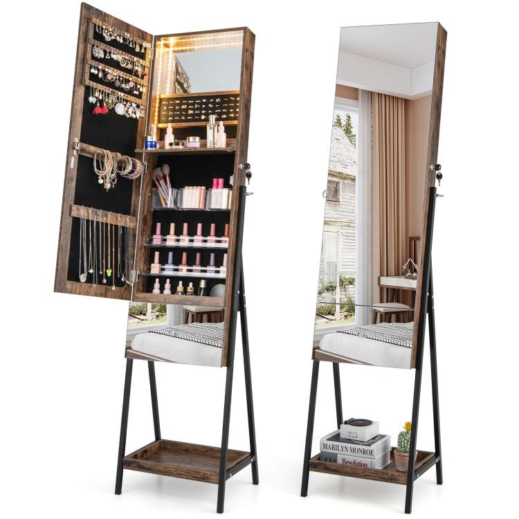 Jewelry Armoires |  Lockable Freestanding Jewelry Organizer with Full-Length Frameless Mirror Rustic Brown Bedroom Jewelry Armoires