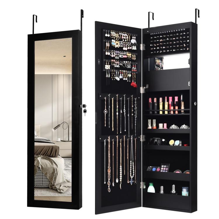 Jewelry Armoires |  Lockable Wall Door Mounted Mirror Jewelry Cabinet with LED Lights Black Bedroom Black