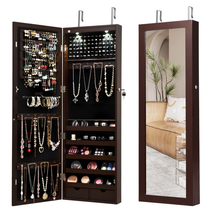 Jewelry Armoires |  Lockable Wall Mount Mirrored Jewelry Cabinet with LED Lights Brown Bedroom Brown