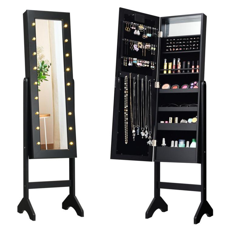 Jewelry Armoires |  Mirrored Standing Jewelry Armoire Cabinet with LED Lights Black Bedroom Black