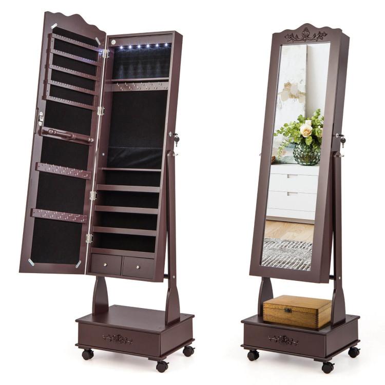 Jewelry Armoires |  Rolling Floor Standing Mirrored Jewelry Armoire with Lock and Drawers Brown Bedroom Brown