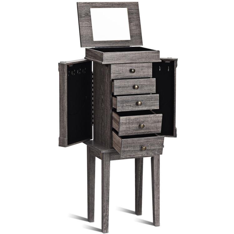 Jewelry Armoires |  Standing Jewelry Cabinet with 5 Drawers and Top Flip Mirror Gray Bedroom Gray