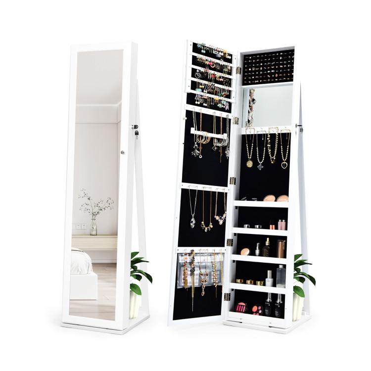 Jewelry Armoires |  Standing Lockable Jewelry Storage Organizer with Full-Length Mirror White Bedroom Jewelry Armoires