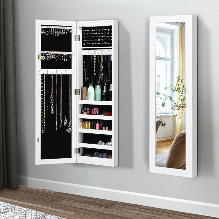 Jewelry Armoires |  Wall And Door Mirrored Jewelry Cabinet With LED Light White Bedroom Jewelry Armoires