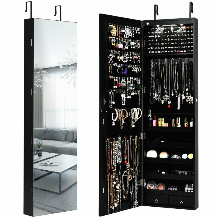 Jewelry Armoires |  Wall and Door Mounted Mirrored Jewelry Cabinet with Lights Black Bedroom Black