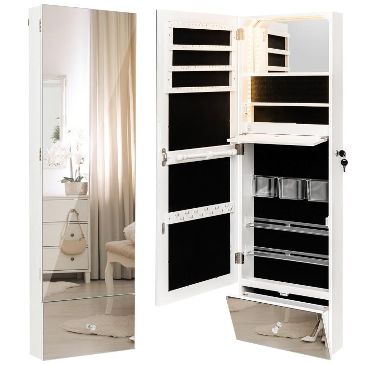 Jewelry Armoires |  Wall Mounted Jewelry Armoire Organizer with Full-Length Frameless Mirror White Bedroom Jewelry Armoires