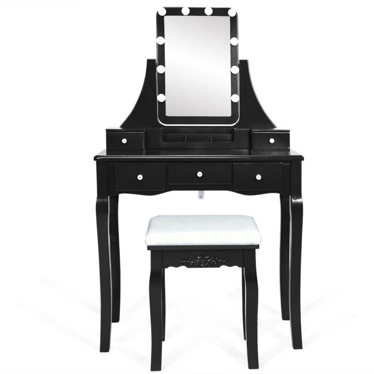 Makeup Vanities |  10 Dimmable Light Bulbs Vanity Dressing Table with 2 Dividers and Cushioned Stool Black Bedroom Black