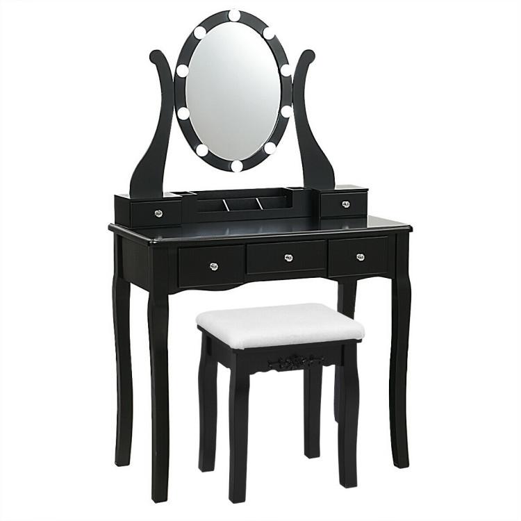 Makeup Vanities |  10 Dimmable Lights Vanity Table Set with Lighted Mirror and Cushioned Stool Black Bedroom Black