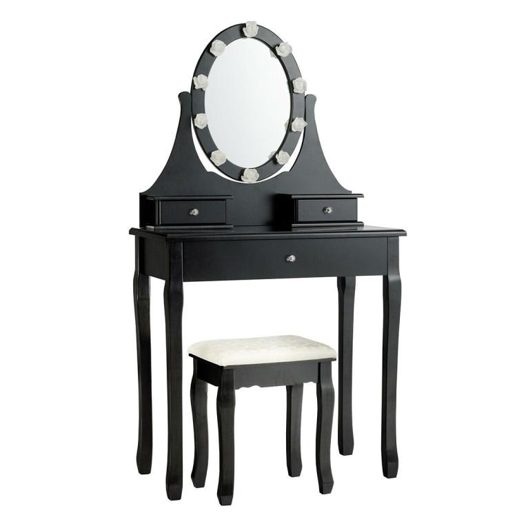 Makeup Vanities |  3 Drawers Lighted Mirror Vanity Dressing Table Stool Set Black Bedroom Black