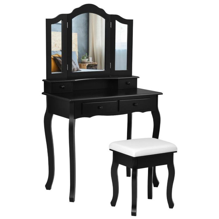 Makeup Vanities |  4 Drawers Wood Mirrored Vanity Dressing Table with Stool Black Bedroom Black