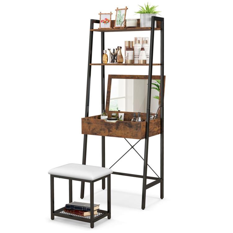 Makeup Vanities |  Ladder Vanity Desk Set with Flip Top Mirror and Cushioned Stool Black Bedroom Black