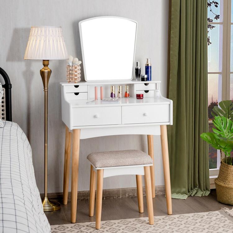 Makeup Vanities |  Makeup Vanity Set with 6 Drawers and Unique Shape Mirror White Bedroom Makeup Vanities