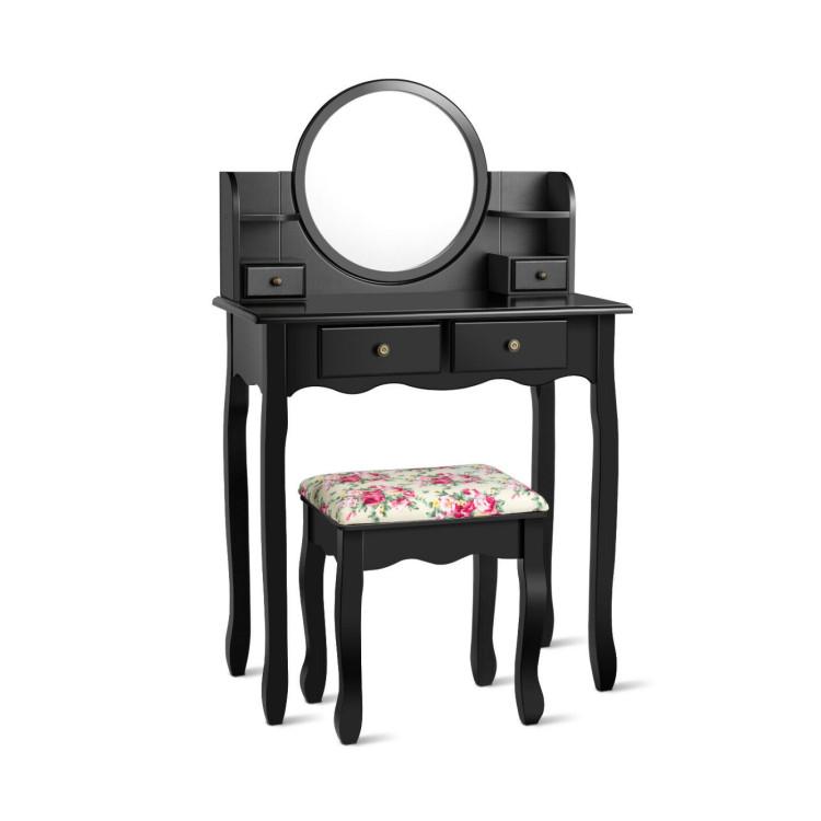 Makeup Vanities |  Makeup Vanity Table Set with 360° Pivoted Round Mirror Black Bedroom Black