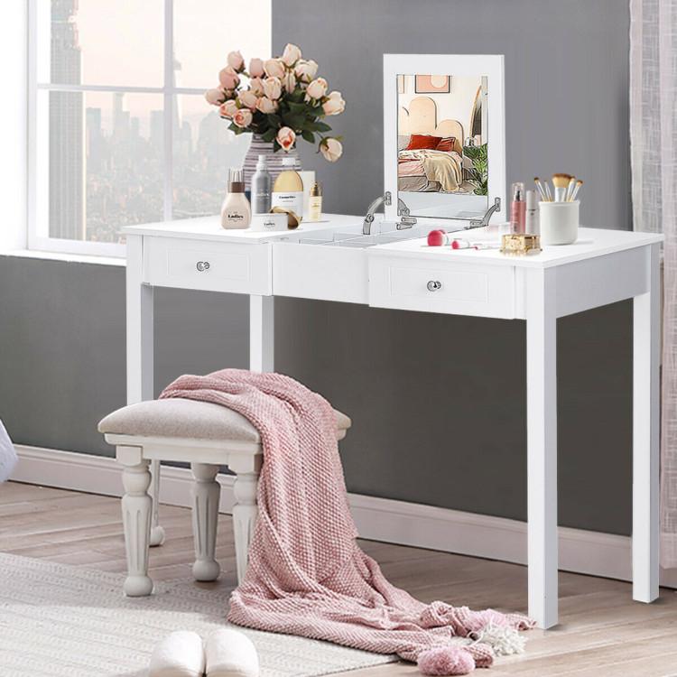 Makeup Vanities |  Modern Vanity Dressing Table with 1 Flip Top Mirror and 2 Drawers White Bedroom Makeup Vanities