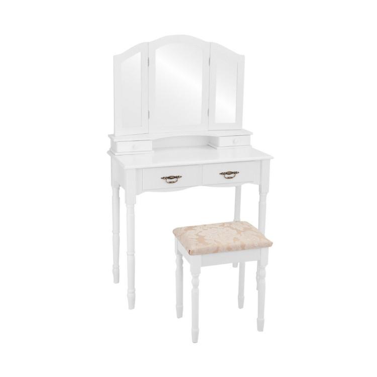 Makeup Vanities |  Simple Vanity Set with Tri-Folding Mirror Drawers and Storage Shelf White Bedroom Makeup Vanities