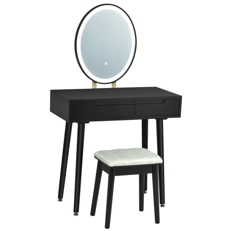 Makeup Vanities |  Touch Screen Vanity Makeup Table Stool Set with Lighted Mirror Black Bedroom Black