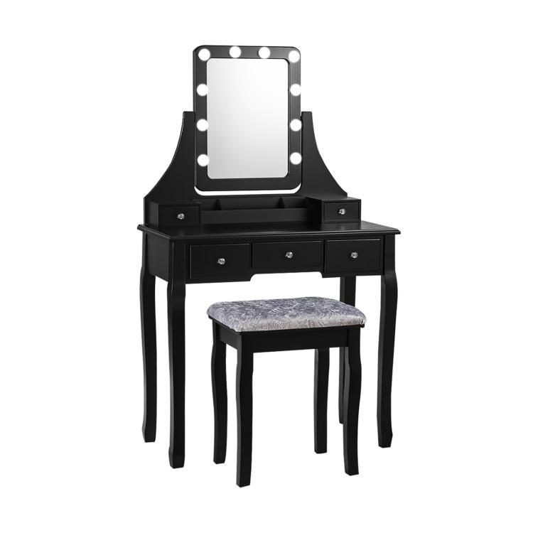 Makeup Vanities |  Vanity Dressing Table Set with 10 Dimmable Bulbs and Cushioned Stool Black Bedroom Black