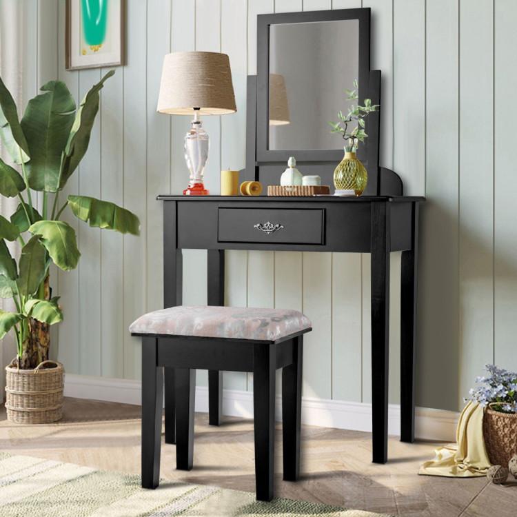 Makeup Vanities |  Vanity Dressing Table Stool Set with Large Makeup Mirror Black Bedroom Black