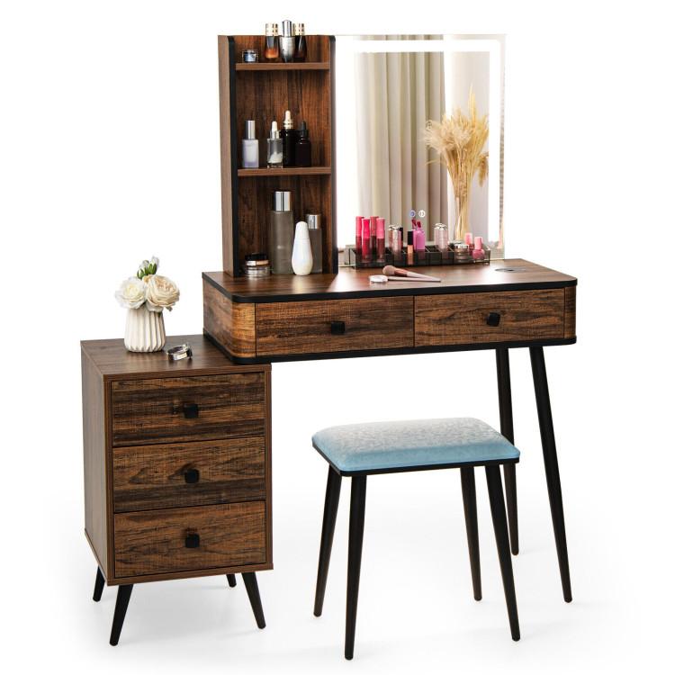 Makeup Vanities |  Vanity Makeup Table Set with Lighted Mirror Brown Bedroom Brown